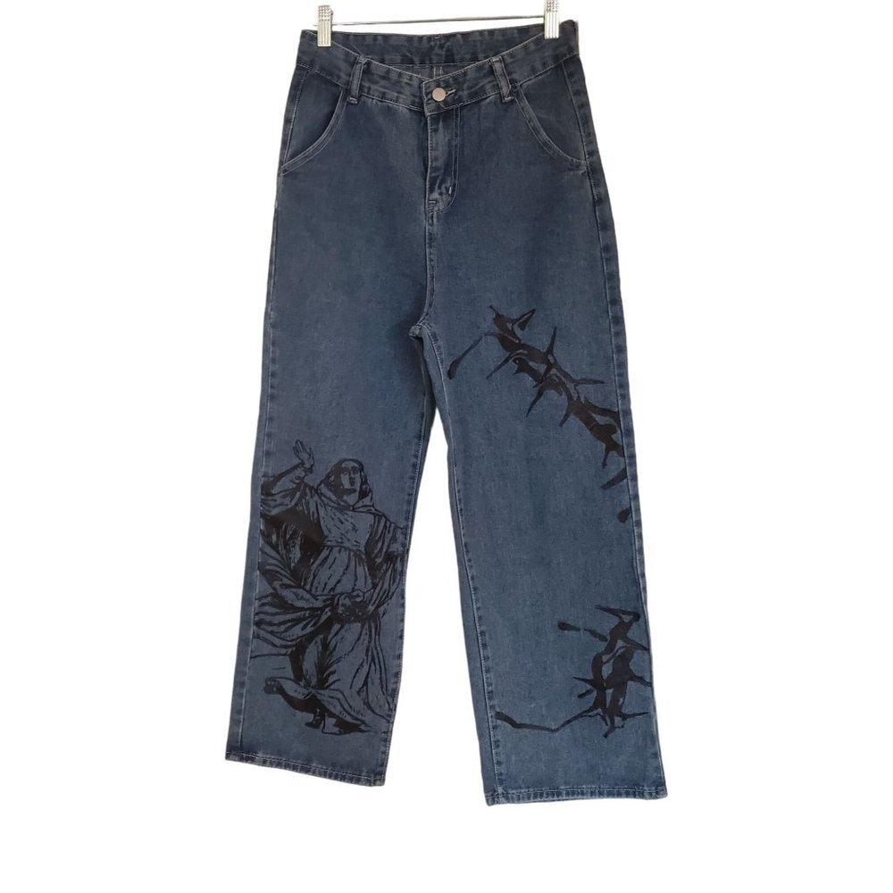Woman's Madona Print Wide leg jeans size 3 street wear graphic‎ print blue black